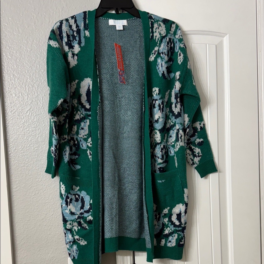 BUNULU Floral Green & Blue Open-Front Cardigan